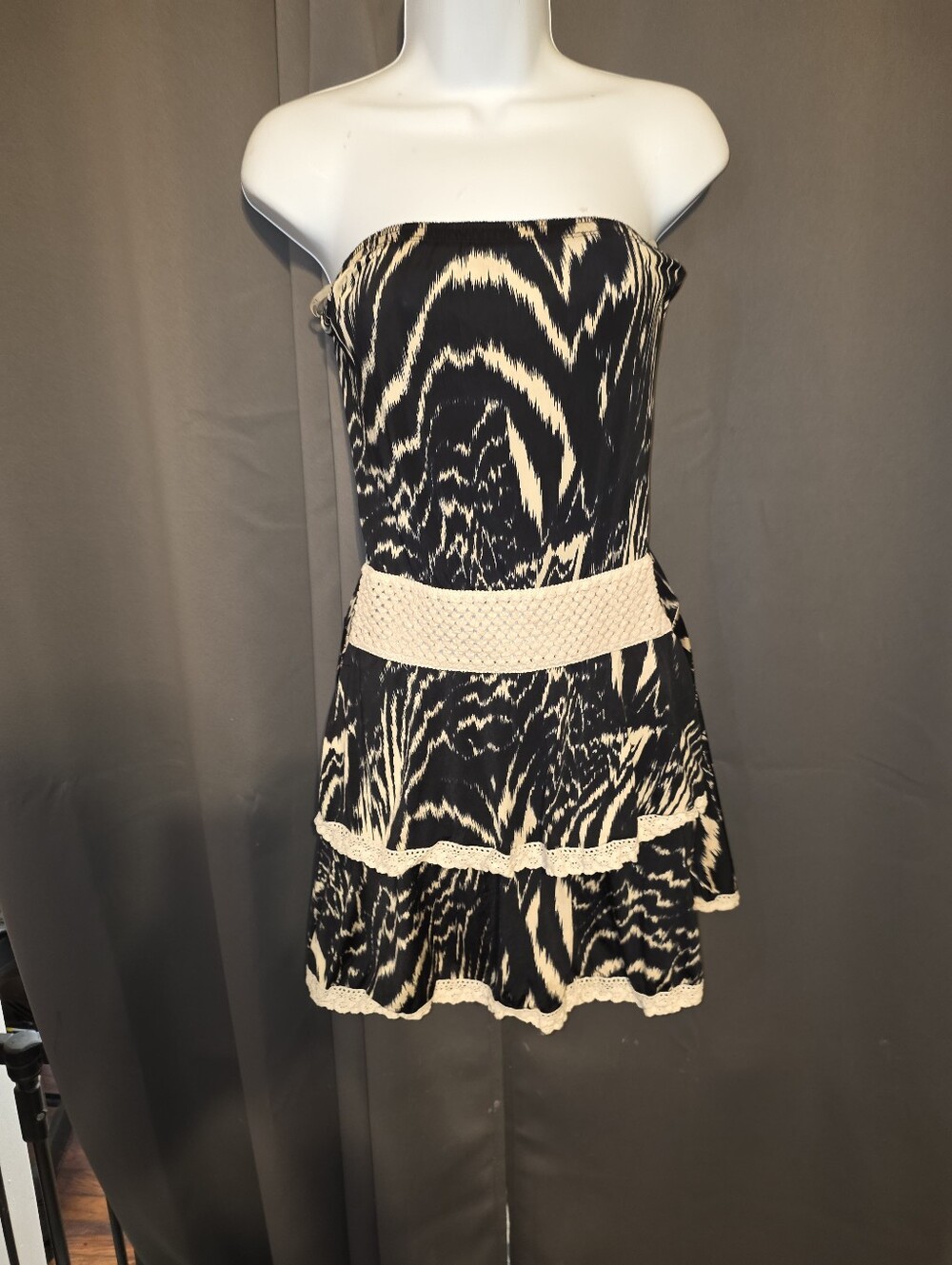 Strapless Black and Cream Patterned Sundress with Smocked Waistband